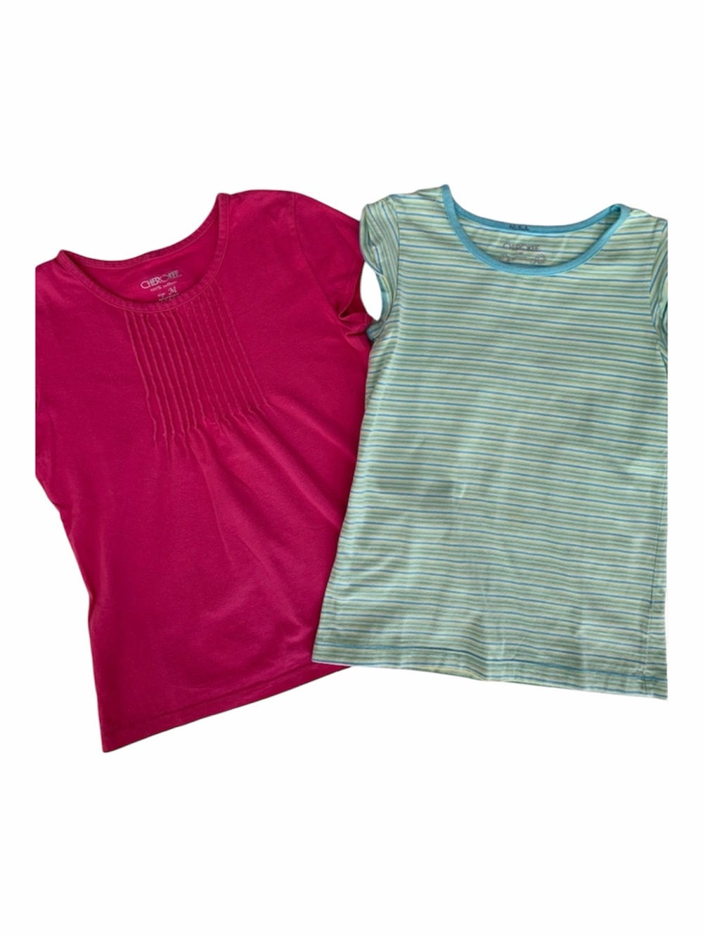 Cherokee T-Shirts 2 PC Lot Girls M Pink Green White Short Sleeve Striped Solid